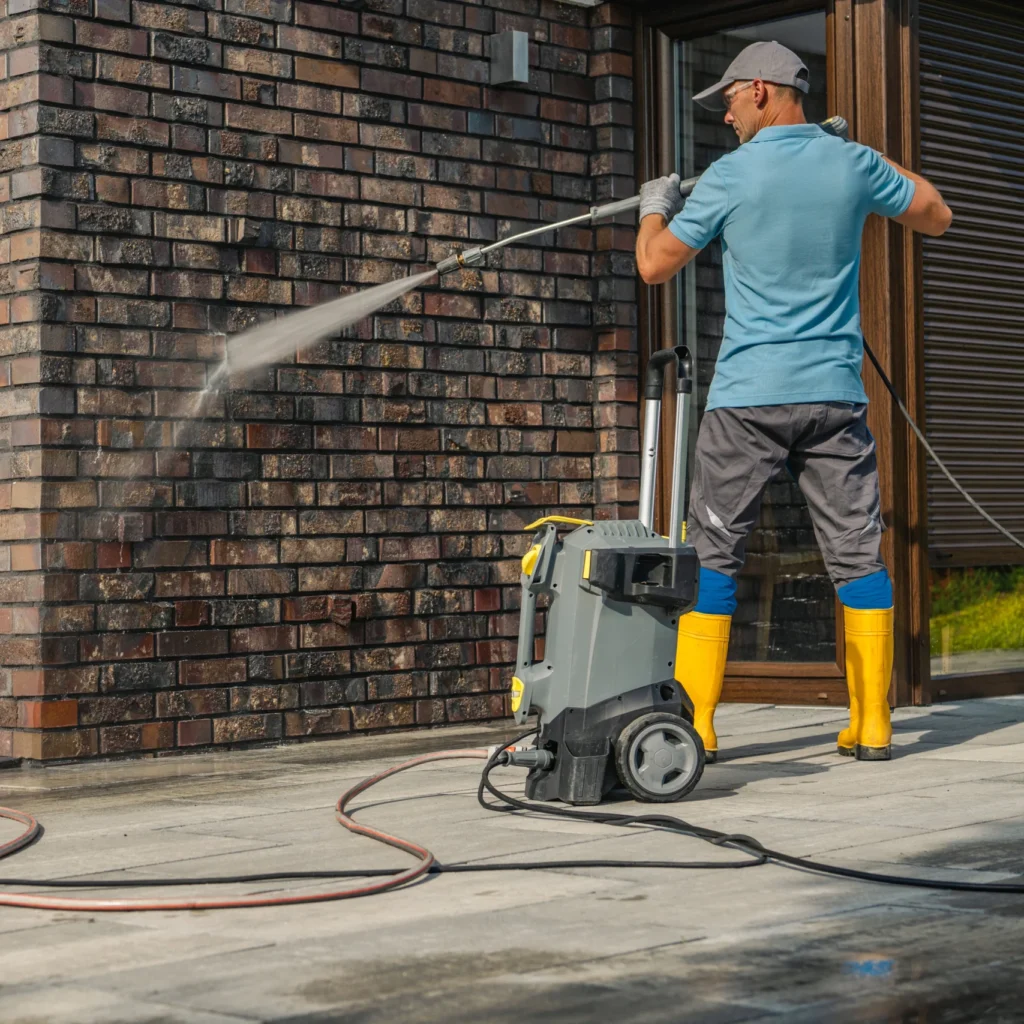 Worker power washing brick exterior of a house