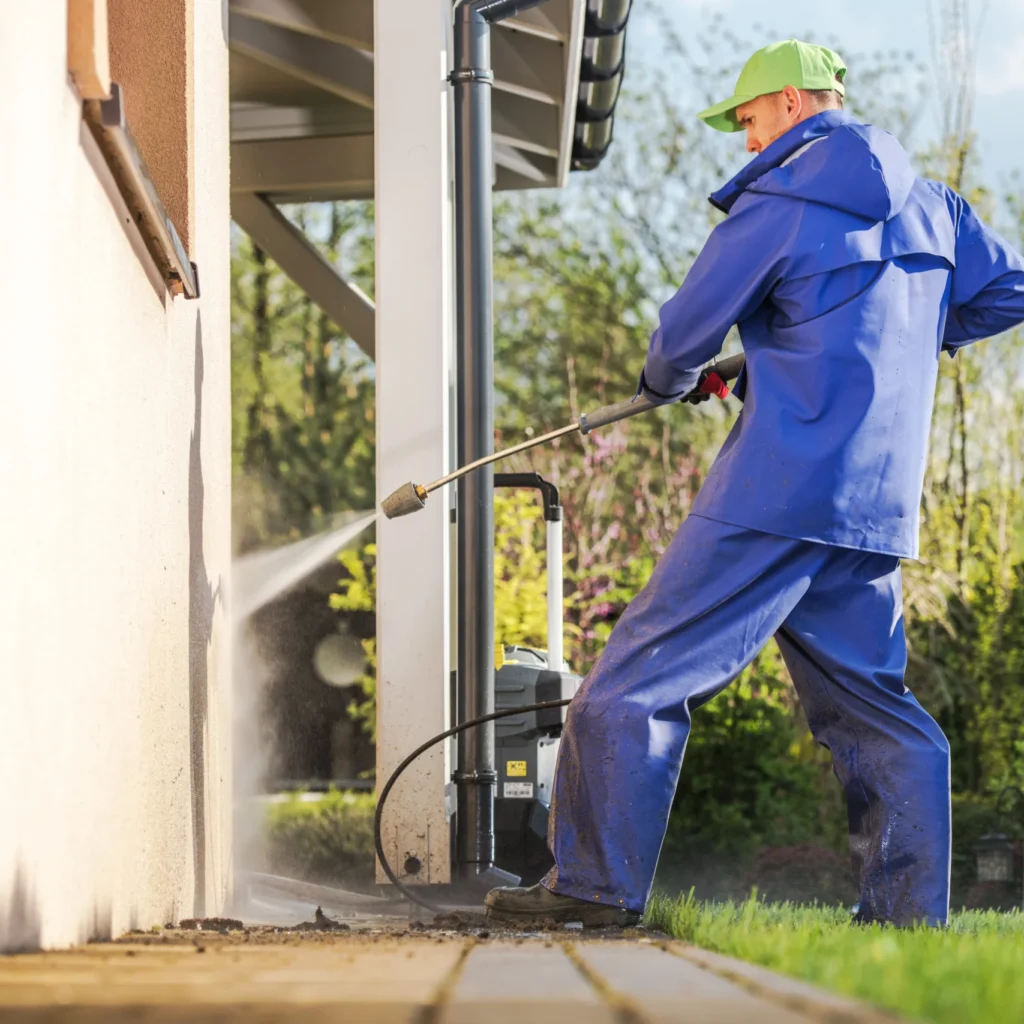 Worker power washing the exterior of a house