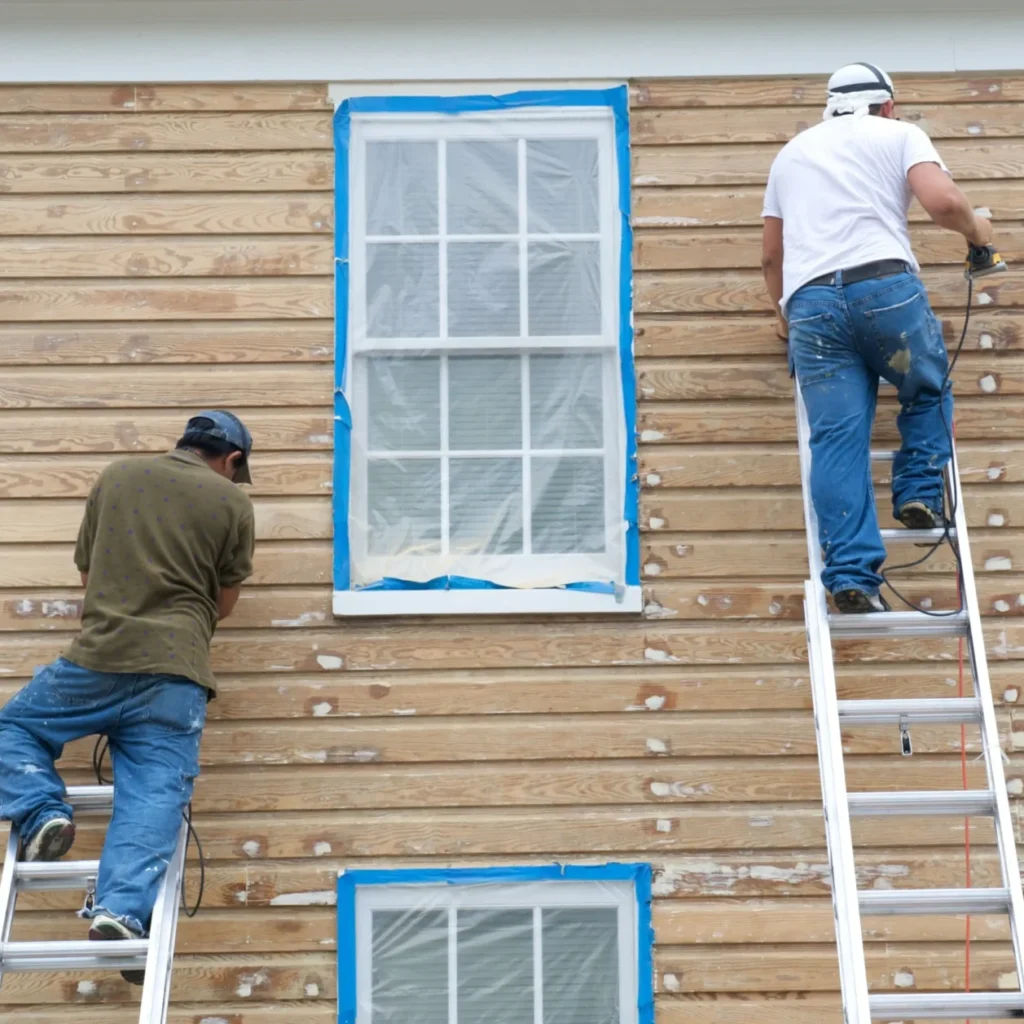 Workers installing siding on a two story house
